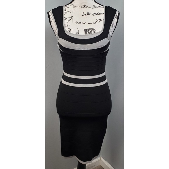 Express Dresses & Skirts - Express Bodycon Knitted Dress Womens Small Black Gray Striped Stretch Cross Back